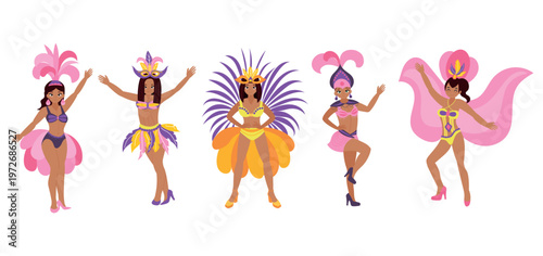 Brazilian Carnival Dancers Set Samba Women in Colorful Costumes Rio Festival  Illustration