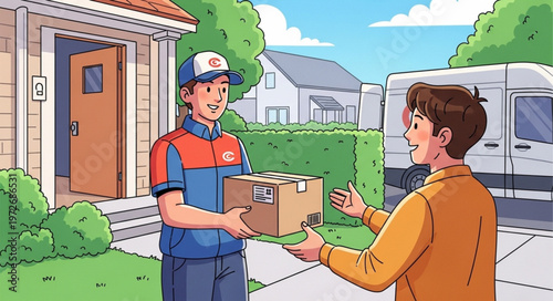 Delivery Man Handing Package to Customer at Front Door.