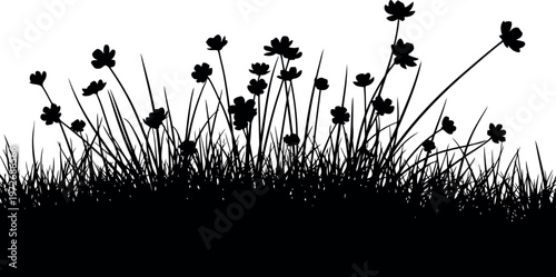 Wildflower Meadow Silhouette Vector with Grass and Blossoms Isolated on White Background