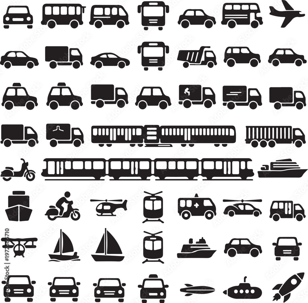 Naklejka premium Transportation icons, vehicle symbols, 40 car and truck graphics, black silhouette illustrations