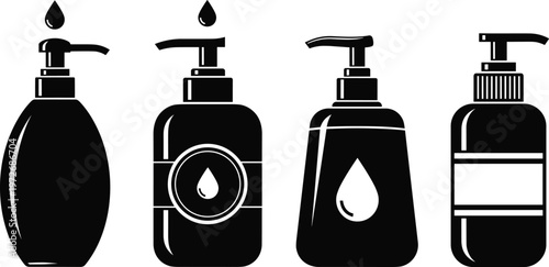 Set of black liquid soap and sanitizer dispenser bottle vector silhouettes with pump nozzles and droplet icons isolated on white background for design.
