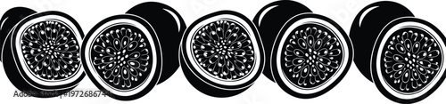 Black and white vector illustration of fresh passion fruit cut in half showing seeds and pulp isolated on a clean white background