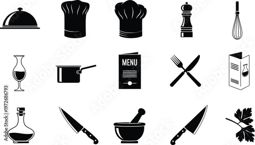 A collection of fifteen black and white vector icons representing various kitchen and food symbols