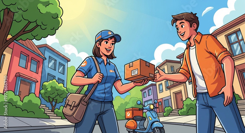 Delivery Person Handing Package to Customer in Neighborhood.