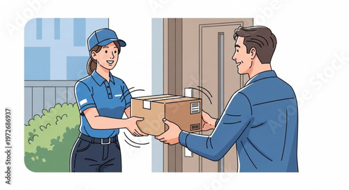 Delivery Person Handing Package to Customer at Front Door.