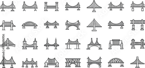 Bridge Icon Set, Suspension Bridges, Arch Bridge, Cable-Stayed Bridge, Viaduct, Truss Bridge, Engineering, Infrastructure, Urban Architecture, Vector Outline Icons for Construction Design.