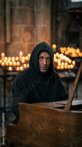 Musician plays piano inside a dimly lit church with many candles glowing in the background