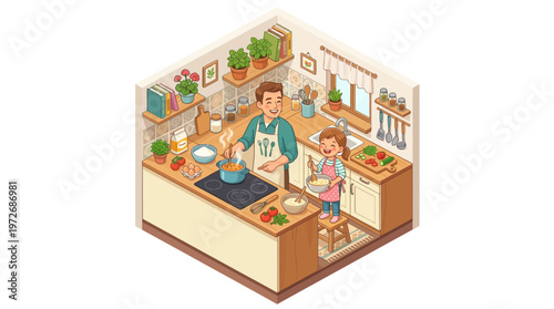 Family Cooking Kitchen Scene.