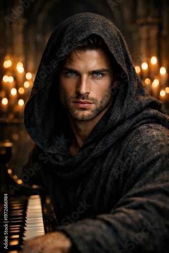 Musician plays piano in a dim room with candles and stone walls while wearing a hooded garment