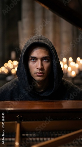Young musician plays piano in a dimly lit space with candles, focusing on the music and the atmosphere around him