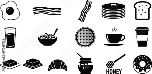 A collection of black and white silhouette icons representing various common breakfast food items