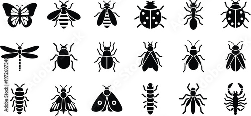 A collection of eighteen isolated black silhouette icons depicting various common garden insects