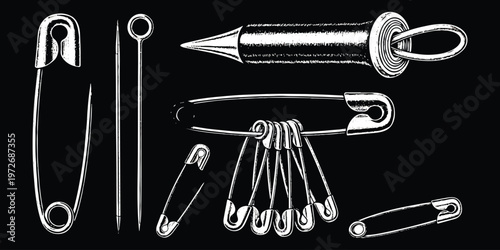 A detailed collection of various metal sewing tools including safety pins and needles on black