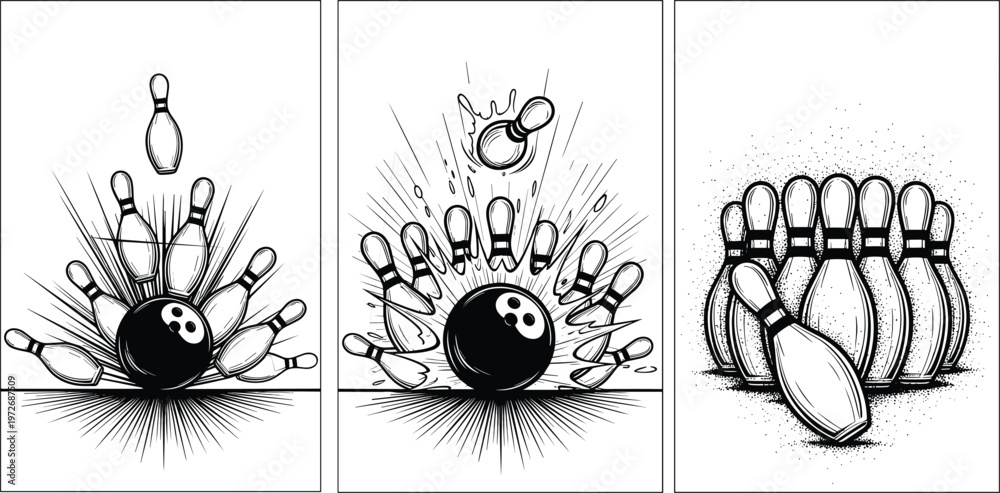 Fototapeta premium Set of three black and white woodcut style vector illustrations showing a bowling ball hitting pins for a strike and spare in sports.