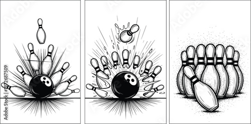 Set of three black and white woodcut style vector illustrations showing a bowling ball hitting pins for a strike and spare in sports.