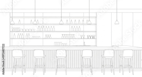 Detailed architectural drawing of a bar interior with seating.