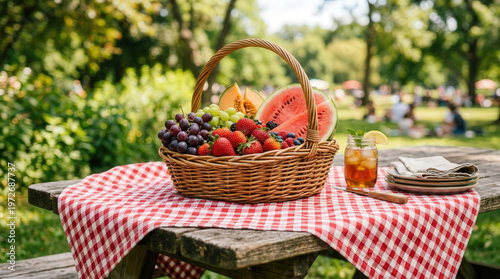 Fresh Fruit Basket on Picnic Table in Park with Summer Vibe