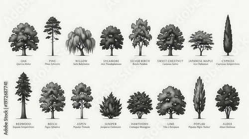 Vector Illustration of Various Tree Species in Different Styles for Nature and Forestry Design