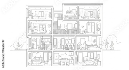 Detailed Architectural Cross-Section of a Multi-Story Residential Building.