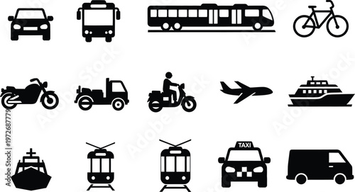 A collection of black icons depicting various forms of public and private transportation vehicles