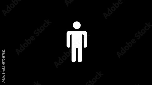 Minimalist white male person icon on black background, representing restroom, gender, identity, or men's facilities symbol