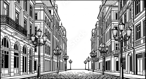 Detailed architectural drawing of a European city street.