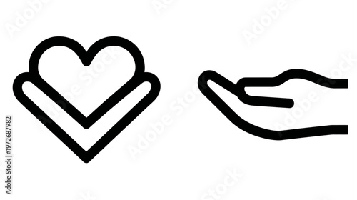 Vector line art icons: hands cradling a heart and an open palm, symbolizing love, care, charity, giving, support, and reception.