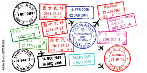 A collection of various international travel passport stamps with different dates and locations.