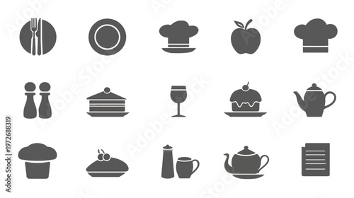 Food and Kitchen Icons Set. Culinary Graphic Elements for Cooking, Dining, Baking, Restaurant, and Utensil Concepts