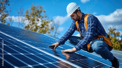 A man in a hard hat and safety vest installing solar panels on a roof