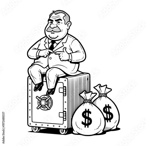 Confident, wealthy businessman sits atop a secure money safe, proudly pointing to himself with bags of cash nearby, symbolizing financial success and security.