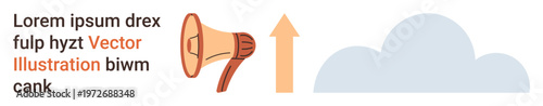 Marketing, growth strategies, online promotions, information exchange, data sharing, cloud computing. Megaphone next to an upward arrow and cloud. Marketing and growth strategies concepts