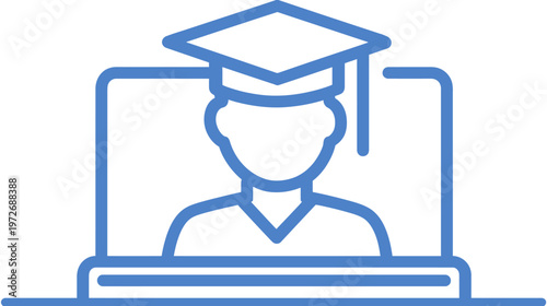 E-learning Graduate Icon: Online Education, Remote Study, and Virtual Learning Student on Laptop. Digital Graduation Concept.