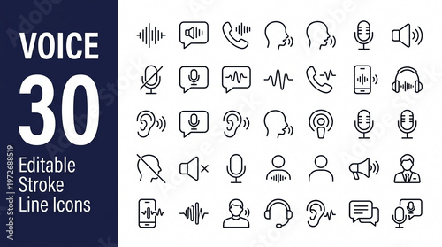 Collection of 30 editable stroke line icons for voice and sound representing communication audio and technology perfect for app interfaces and web design