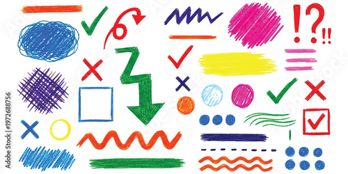 A collection of colorful hand-drawn doodle elements isolated on a plain white background surface.