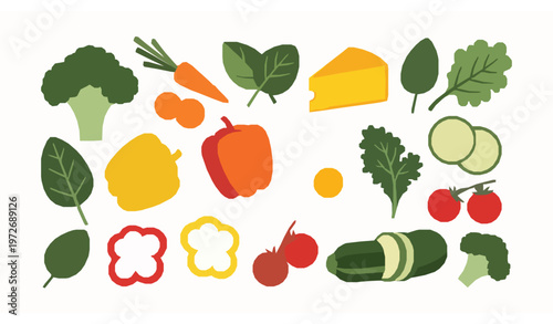 Balanced diet vegetables cheese and egg flat vector illustration
