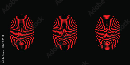Three distinct glowing red biometric fingerprint patterns isolated on a solid black background.