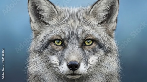 Close-Up Wildlife Photo of a Gray Fox with Intense Green Eyes in Nature