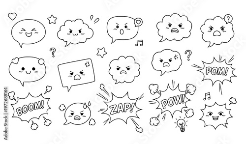 Doodle speech bubbles and emoticon expression line icon collection