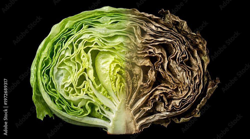 Obraz premium Iceberg lettuce cut on a black background. One half is fresh, and the other is dried and dark. A single composition without separation.