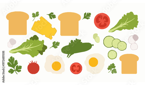 Abstract sandwich and fresh greens flat vector background for cafe menu