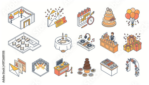 Event Planning and Celebration Elements Isometric Illustration Set