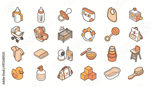 Baby Care Items Isometric Icons Collection for Infant Daily Essentials and Nursery Accessories