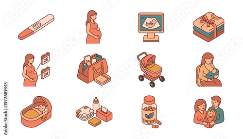 Pregnancy and Baby Care Isometric Illustration Set Depicting Various Maternity and Newborn Moments