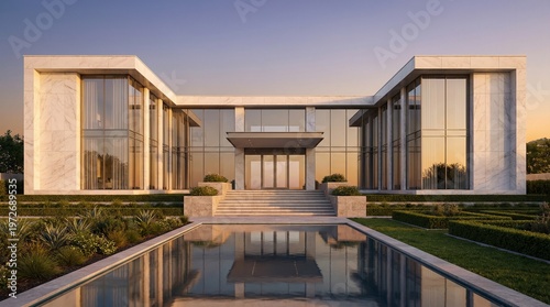 Modern luxury home with large windows and reflecting pool in front