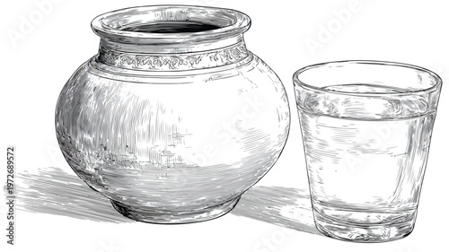 Wide Angle Centered View of a Jar, Canteen, Pot, and Water Glass