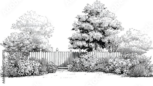 Sunlit Garden Landscape with Bushes, Fence, and Flowers in Wide Angle View