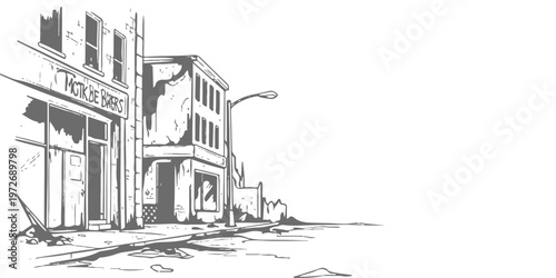 A black and white sketch showing a desolate city street with abandoned and crumbling buildings.