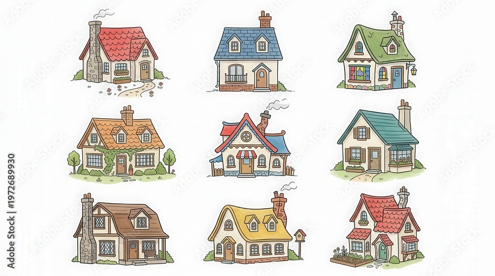 Fototapeta premium Collection of Charming House Illustrations in Various Styles and Colors for Home Design