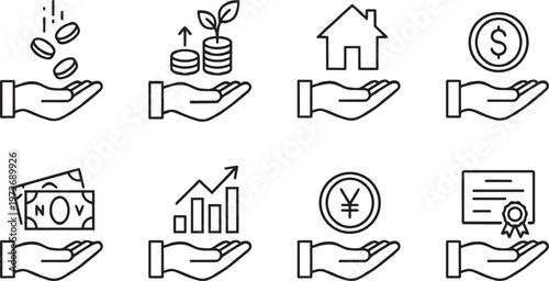 Hand Holding Money and Investment Growth Icons Line Art